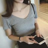 韩版2016夏季女装V领短袖针织衫女修身紧身针织上衣纯色V领打底衫