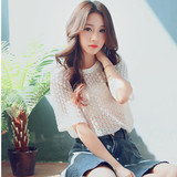 2016夏季新款韩版宽松蕾丝衫罩衫镂空女T恤上衣透明打底衫