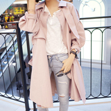 左耳家韩版新款2016秋装粉色系带中长款风衣外套女宽松灯笼袖OL风