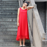 简约直筒裙子中长款夏季小清新纹理大红色真丝宽松无袖连衣裙
