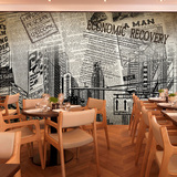 欧式旧报纸壁画抽象城市建筑背景墙壁纸3d复古餐厅酒吧黑白墙纸