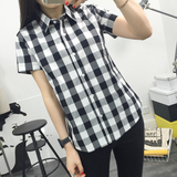 格子衬衫女短袖2016夏季韩版纯棉宽松学生甜美半袖衬衣上衣学院风