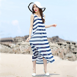 韩国2016女夏季沙滩裙条纹雪纺连衣裙海边度假长裙修身显瘦背心裙