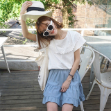夏装韩版甜美小清新可爱日系学院风减龄荷叶领纯色刺绣衬衣女衬衫