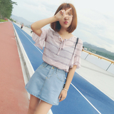 iFashion甜心2016夏新品韩版系带雪纺上衣衬衫牛仔A字裙短裙套装