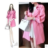 韩国代购2016秋装新款中长款女装外套双排扣修身粉色风衣外套女潮
