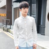 夏季韩版纯色亚麻男长袖衬衫修身休闲青少年棉麻白衬衣立领男装潮