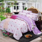 韩式风4件提花床上用品四件套纯棉贡缎全棉床单被罩花意盎然 浅紫