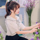 韩国甜美学院风修身蝴蝶结短袖娃娃领衬衫女式百搭气质显瘦上衣夏