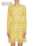正品代购Burberry巴宝莉2016新款女装黄色刺绣长袖时尚连衣裙