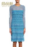 正品代购Burberry巴宝莉2016新款女装蓝色蕾丝刺绣长袖连衣裙