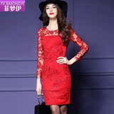 菲梦伊2016春季新款女装大码网纱长袖刺绣修身红色蕾丝连衣裙6961