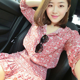 韩国代购2016新款女装修身显瘦荷叶边包臀连衣裙碎花衬衫裙子夏季