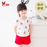【晓希】2016新款童装夏装儿童女童韩版樱桃印花针织衫两件套装