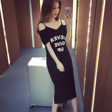 2016夏季韩版新款露肩吊带字母印花显瘦中长款短袖连衣裙女长裙潮