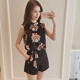 2016夏季韩版新款气质套装无袖印花上衣+系带短裤修身两件套女潮