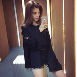 6度2016夏装韩版新款时尚宽松显瘦下摆开叉露背长袖卫衣女潮E8209