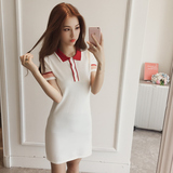 2016女装韩版新款修身显瘦polo领针织短袖直筒清新连衣裙夏短裙潮