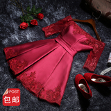 红色新娘敬酒服春2016新款短款韩版一字肩修身显瘦短袖结婚礼服晚