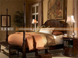 全实木皇后床 高柱子雕花床 美式复古卧房家具定制 桦木红橡木