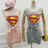 时尚套装女夏新款韩版超人印花系带背心高腰交叉包臀半身裙两件套