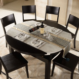 餐桌椅组合小户型多功能饭桌 大理石折叠伸缩实木圆桌黑色6人餐桌