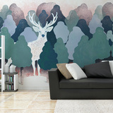 大型壁画客厅电视背景墙壁纸 个性复古墙纸鹿林 北欧手绘森林麋鹿