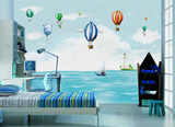 环保地中海无缝壁画 卡通大海热气球 儿童房卧室客厅背景墙纸壁纸