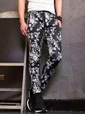 2016夏季新款运动印花裤韩版修身休闲个性时尚黑裤子男白色印花裤