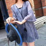 韩国2016夏装新款套装女宽松腰气质中袖百褶雪纺透视连衣裙两件套