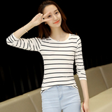2016秋冬季新款韩版女装 修身显瘦大码条纹长袖打底衫T恤