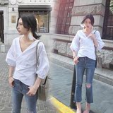 2016夏季新款韩版v领七分袖纯色白衬衣显瘦修身棉质宫廷袖衬衫 女