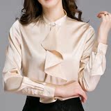 2016年春季女装重磅真丝衬衫桑蚕丝 长袖 纯色  荷叶领正品衬衣