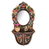 中式复古实木梳妆镜 復古木质壁挂鏡 卫生间化妆镜带置物架浴室镜
