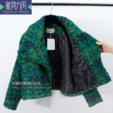 2016春季韩版毛呢外套女宽松蝙蝠袖短款大翻领格子绿色羊毛呢大衣