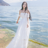韩版名媛性感抹胸一字领露肩白色修身海边度假蕾丝连衣裙夏季长裙