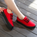 夏季低帮帆布鞋女松糕厚底韩版学生布鞋系带平底休闲红色女板鞋潮
