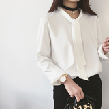 韩国仿丝绸飘带打结气质宽松款长袖雪纺衬衫女黑色白衬衫OL春衬衣