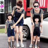 夏装韩版亲子装母女母子牛仔背带连体短裤短袖T恤两件套装男女童