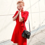韩国Cherrykoko韩版小清新收腰显瘦气质修身显瘦红色短袖连衣裙女
