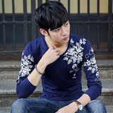 2016长袖T恤男装春秋季青少年修身潮中国风印花男士打底衫上衣服