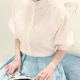 韩国衬衫女2016春夏灯笼袖泡泡半袖五分袖纯棉立领学院风白衬衣潮