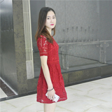 2016夏新款韩版收腰修身显瘦蕾丝连衣裙短袖a字裙红色高腰蓬蓬裙