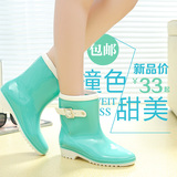 韩国时尚保暖中筒学生雨靴 秋冬雨鞋女纯色可爱防滑水鞋胶鞋套鞋