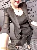 欧洲站2016春夏新款垫肩V领拼网纱袖修身小西装短外套上衣西服女