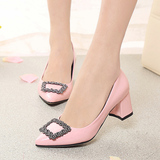 甜美粉色水钻珍珠方扣高跟鞋细跟浅口绒面性感高跟单鞋尖头鞋女鞋