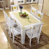 欧式白色长方形黄玉大理石餐桌椅组合现代简约实木餐桌1桌4椅6椅