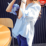 韩范v领学生蓝白竖条纹衬衫女夏季清新短袖宽松中长款bf大款衬衣