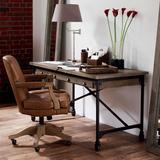 简约实木书桌 电脑桌带抽屉轮子可移动 欧式铁艺复古办公桌工业风