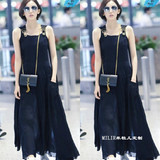 2016夏新柠檬初上王珞丹古力娜扎机场同款黑色背带长裙背心连衣裙